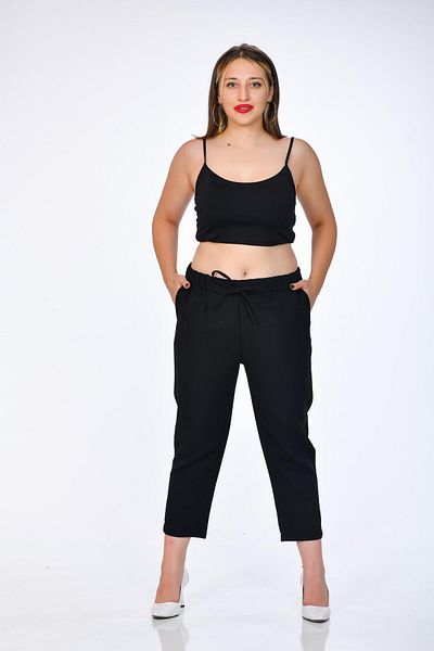 Kamex Large Size Black Dumbbell Cigarette Pants - Pocketed