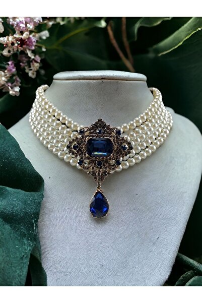 FAYRA ACCESSORIES Baget ve Su Damlası Taşlı İnci Choker Kolye