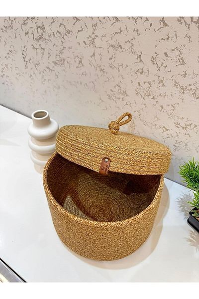 REYGON TEKSTİL BASKET WITH wicker jute lid, HANDWOVEN BASKET BATHROOM AND KITCHEN ORGANIZER DIAMETER 25- DEPTH 15