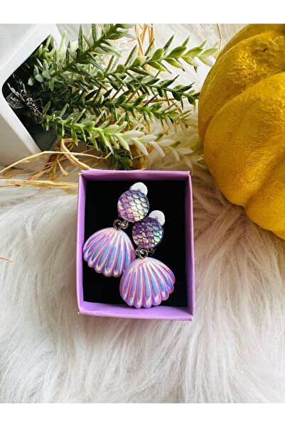 1PARÇAMAVİ Mor Deniz Kızı Kabuğu Klipsli Deliksiz Sıkıştırma Kız Çocuk Küpe