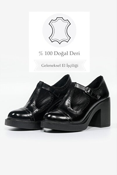 TUNAELLİ WOMEN'S BLACK Patent Leather Genuine Leather Banded Thick Heeled SHOES
