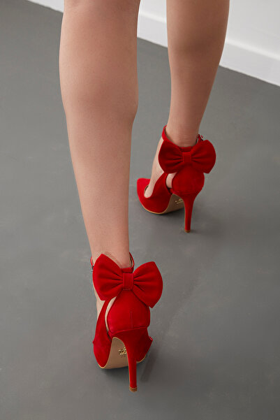 AYAKKABI PRENSİ Wizard Papyon Detaylı Kirmizi Suet 10 Cm Kadın Stiletto, Topuklu Ayakkabı