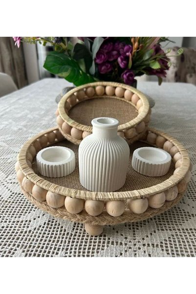 YılÇay Wooden Beaded Natural Raffia Wicker Tray Basket Bathroom Organizer 26 cm and 17cm
