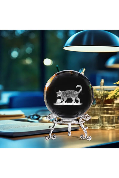 keyfim shop Dekoratif Metal Ayaklı Kedi Tasarımlı 3D Cam Küre 6cm