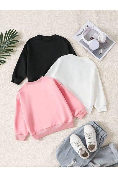 MORNİNG KİDS Girl's 3-pack - Crew Neck, Brookly-losangeles-boston Printed Pink/black/white Sweatshirt