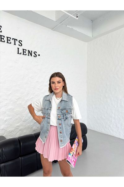Elif Özbey Butik Vestă de jeans albastru gheață cu buzunare late cu guler