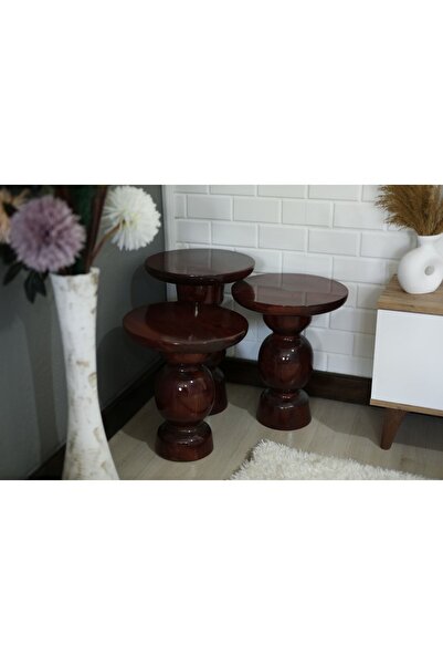 Simillo Home&Living Wood Wooden 3’lü Set Karpuz Model Mantar Yan Sehpa Modern Koyu Ceviz Renk Fiskos