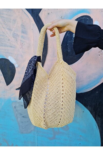 Verda Desing Середня пляжна сумка з рукавами, з хусткою, солом'яного кольору, ручної роботи
