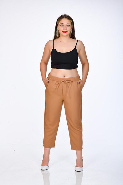 Kamex Large Size Brown Milk Brown Dumbbell Fabric Women's Trousers with Pockets