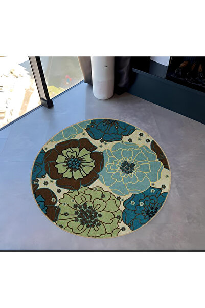 Rugs Modern Halı سجادة ميرا مستديرة باللون الأزرق والأخضر والبني مع نمط الأزه...