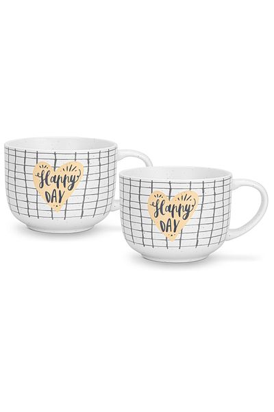 Fissman 2-Piece Printed Coffee Mug 580mL ''HAPPY DAY CHECKED'', Ceramic Coffee Mug with Handle