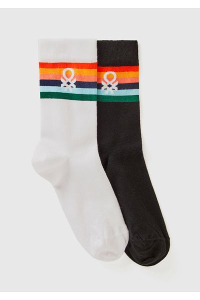 United Colors of Benetton Λευκό Mix Logo Κεντημένο Unisex Σετ 2 μακριές κάλτσες
