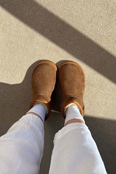 ICELAKE Destino Kadın Süet Taba Mini İnce Tabanlı Tüylü Kısa Bot