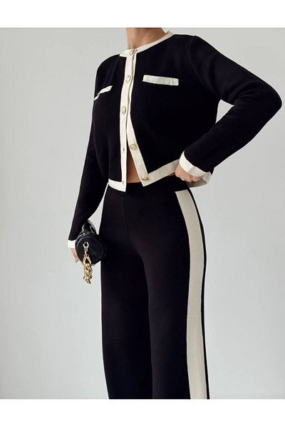 Lusin Women's Gold Button Detailed Cardigan Trousers Bottom Top Double Knitwear Set - Black