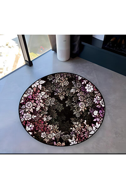 Rugs Modern Halı Mira Round Dark Ground White Pink Flowers Patterned Woven Ba...
