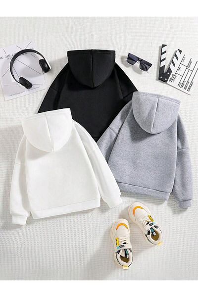 MORNİNG KİDS Boys' and Girls' Hooded Sweatshirt - Pack of 3, Chicago and Los Angeles Print, Grey-black-white