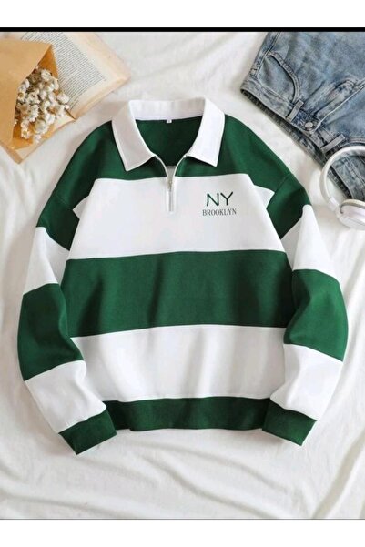 MARECASH Yeşil Brooklyn Baskılı Yarım Fermuarlı Polo Yaka Sweatshirt İçi Polarlı Kışlık