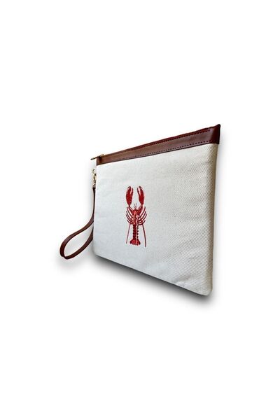 Marnier Kırmızı Istakoz Nakış Işlemeli Ham Keten El Çantası