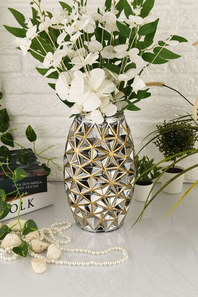 ANGDESİGN AngDesign Dekoratif Sedef Cam Vazo Gold Kaplamalı-26 cm