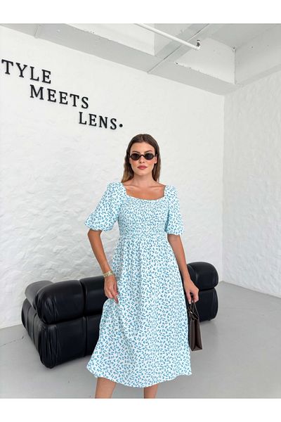 Elif Özbey Butik Μπλε φλοράλ μοτίβο ελαστικό φόρεμα