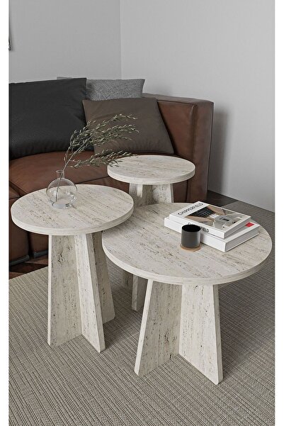 Dekorza Mantar 3 Lü Zigon Sehpa Iskandinav Stili - Traverten