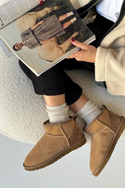 ICELAKE Destino Kadın Süet Taba Mini İnce Tabanlı Tüylü Kısa Bot