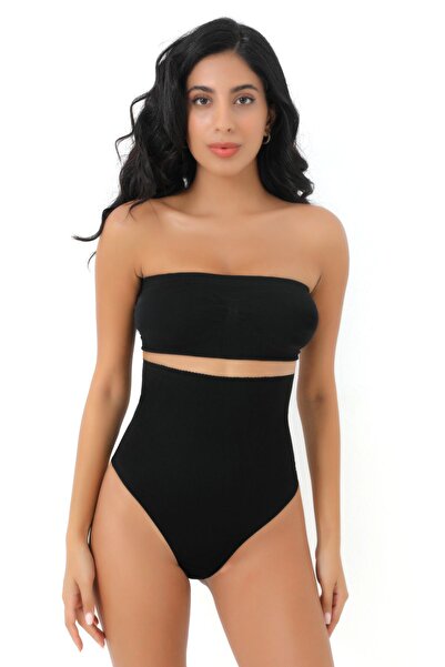 MODANTY Kadın Siyah Lazer Kesim Yüksek Bel Korse 1-2 Beden Toparlayıcı Dikişsiz String Tanga Lazer Kesim