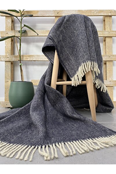 BLANTUR Throw Naturel 100% Koyun Yün Tv Battaniyesi - Indigo