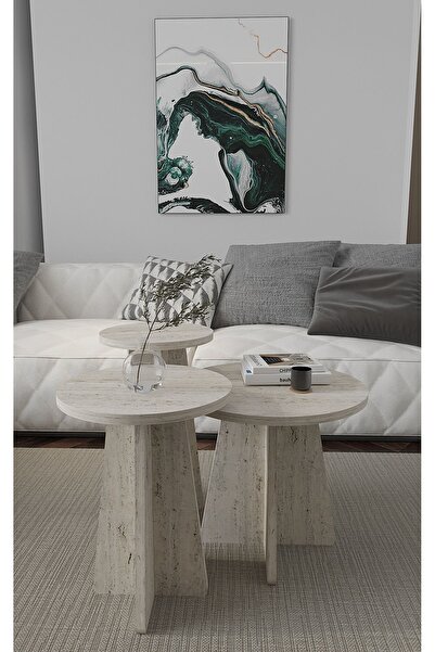 Dekorza Mantar 3 Lü Zigon Sehpa Iskandinav Stili - Traverten