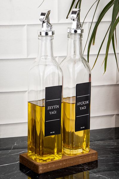 DNS HOME 500 ml Glass Oil Pot Set with Wooden Stand - Sunflower and Olive Oil Bottle