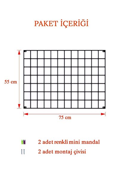 Catchme Metal Fotoğraf Askısı Tel Pano Siyah 55x75 - 2 Adet Mini Mandal Ve 2 Adet Montaj Çivisi Hediye