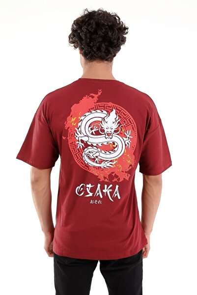 Mad&Calf Unisex Oversize Osaka εμπριμέ Claret Red T-shirt