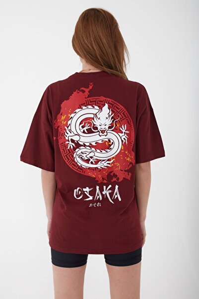 Mad&Calf Unisex Oversize Osaka εμπριμέ Claret Red T-shirt