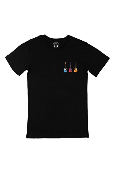 Cix Rock Gitar Tasarımlı Cep Tasarım Baskılı Siyah Tişört
