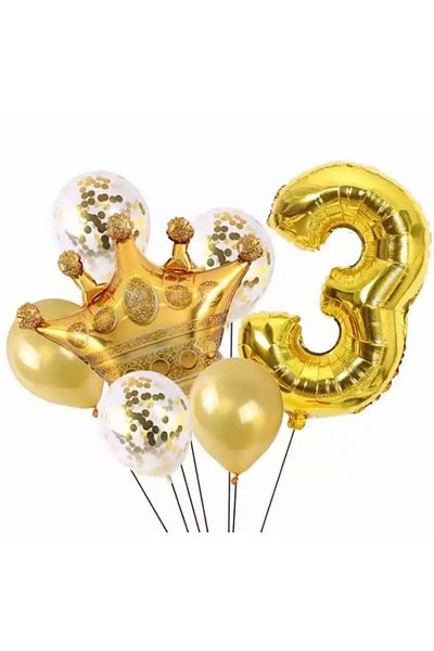 Deniz Party Store Gold 3 Year Old King Crown Foil Balloon Set