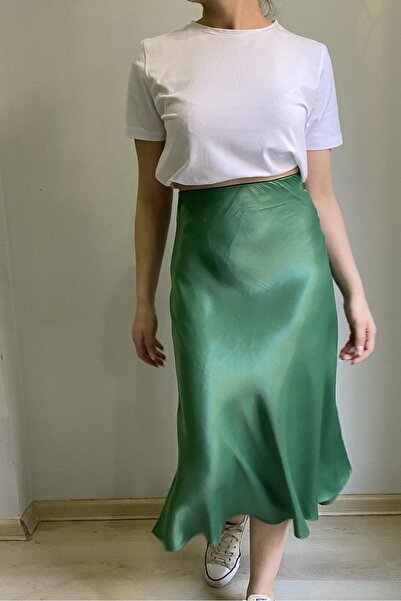 Hisleria Viscose Satin Fabric Bias Model Midi Length Dark Green Skirt