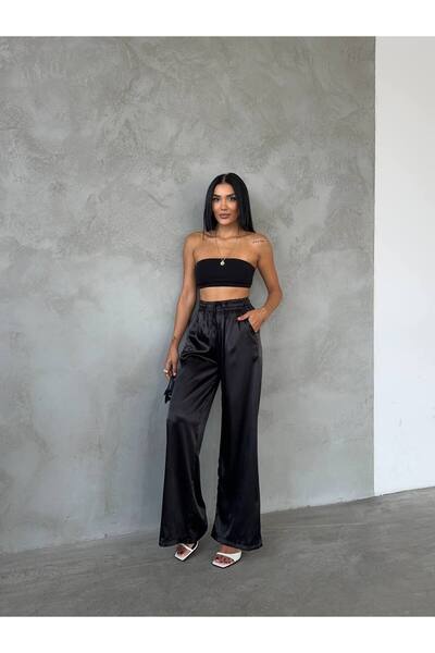 Fiori Beli Lastikli Siyah Saten Pantolon