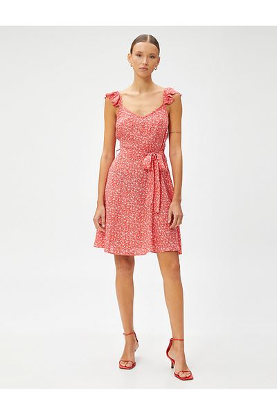 Koton Strappy Belted Flounce Mini Viscose Dress