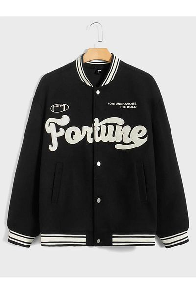 FUWEAR Fortune Embroidered Unisex Black 3 Thread College Jacket