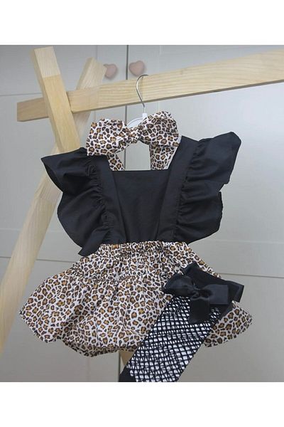 ELA MAMA Girl's Leopard Patterned Salopet and Bandana Socks Set - Èla Mamà