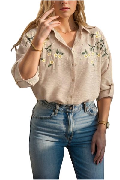 Cassime Cămașă oversize din in bej deschis - brodat cu margarete