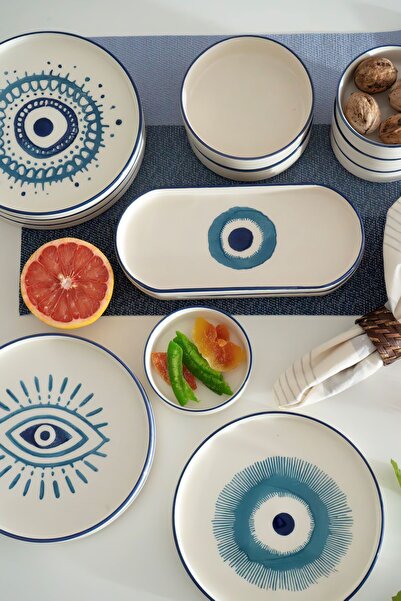 Genel Markalar 14 Parça 6 Kişilik Stackable Evil Eyes Handmade Kahvaltı Seti. Lüx Kahvaltılık Takımı