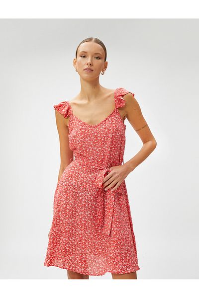 Koton Strappy Belted Flounce Mini Viscose Dress