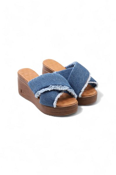 Lady Mia Women's Wedge Heeled Denim Jeans Slippers