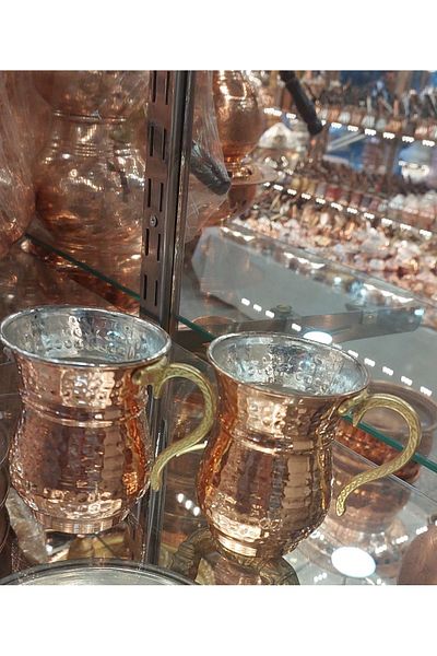 Bakır Center Copper Cup & Copper Cup Tattoo Copper Ayran Cup with Handles 2 pieces 2-piece set