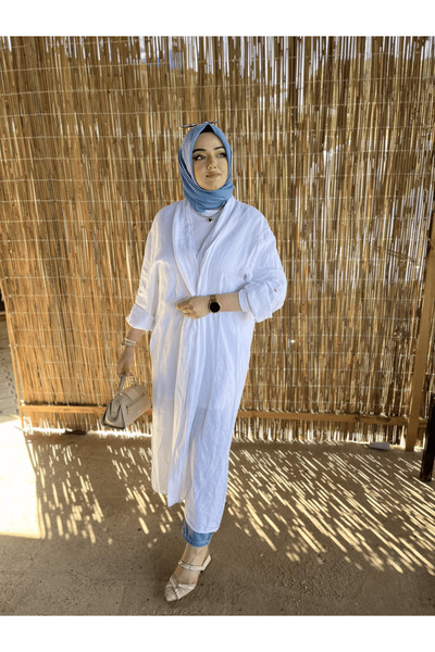 Puro Lıno İTHAL KETEN DANTEL DETAYLI BEYAZ ABAYA