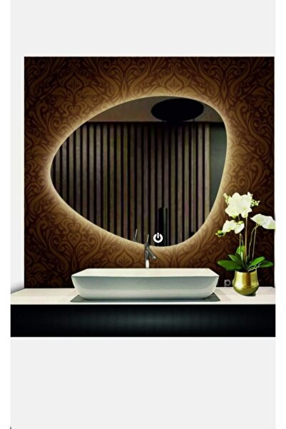 Toprak dekor asimetrik modern ışıklı 80x60 cm   dokunmatik ledli ayna banyo aynası makyaj aynası tuvalet aynası