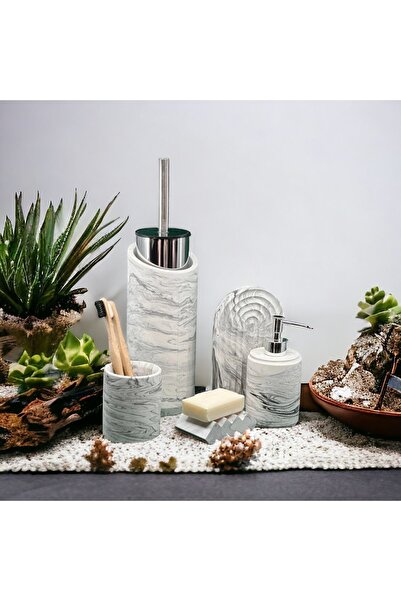 Trust Stone Set de baie din beton din seria Marble și suport pentru perie de toaletă, lichid, dozator de săpun solid, suport pentru perie de dinți, tavă, accesorii