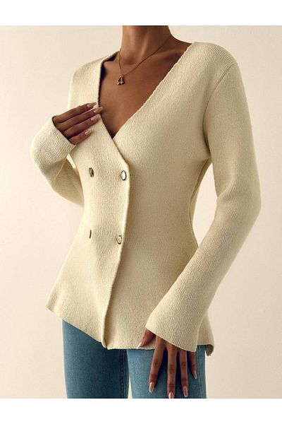 My Blog Cream Double Breasted Gold Buttoned Elegant Cardigan-4417