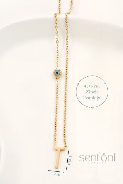 senfonijewelry Evil Eye Beaded Letter Steel Necklace Letter T